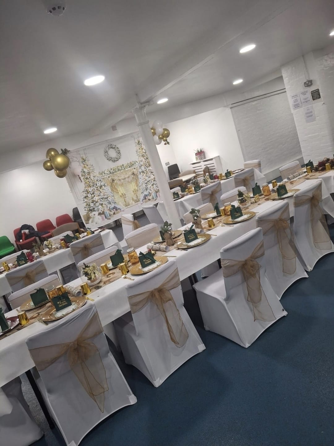 Formal celebration layout with gold table settings